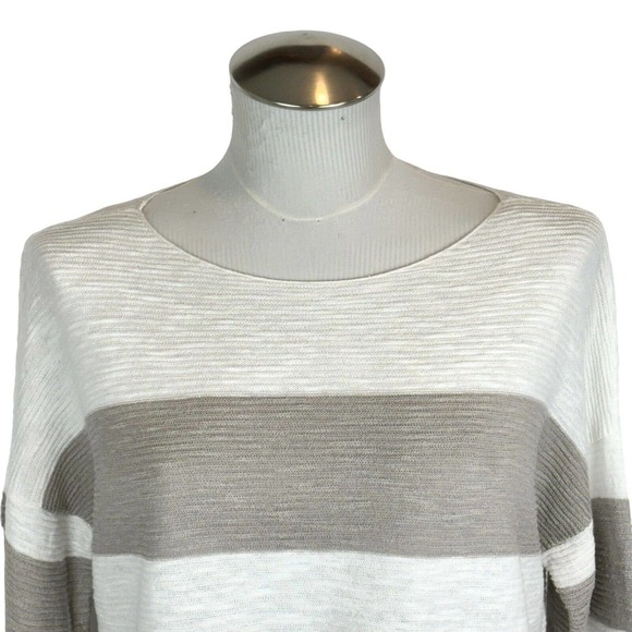 Eileen Fisher Bateau Neck Organic Cotton Linen Boxy Striped Sweater Top Sz PM - Picture 5 of 10